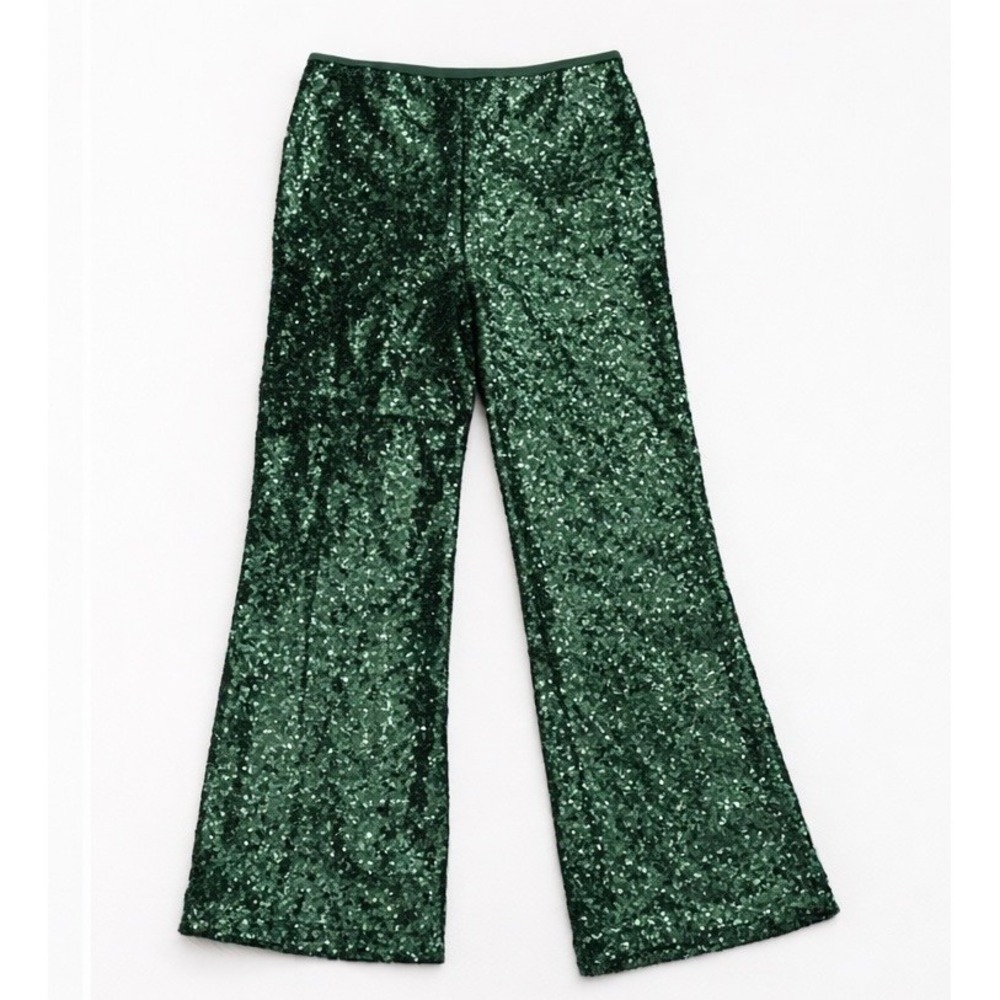 Anthropologie Emerald Green Sequin Wide-Leg Pants - Picture 5 of 8